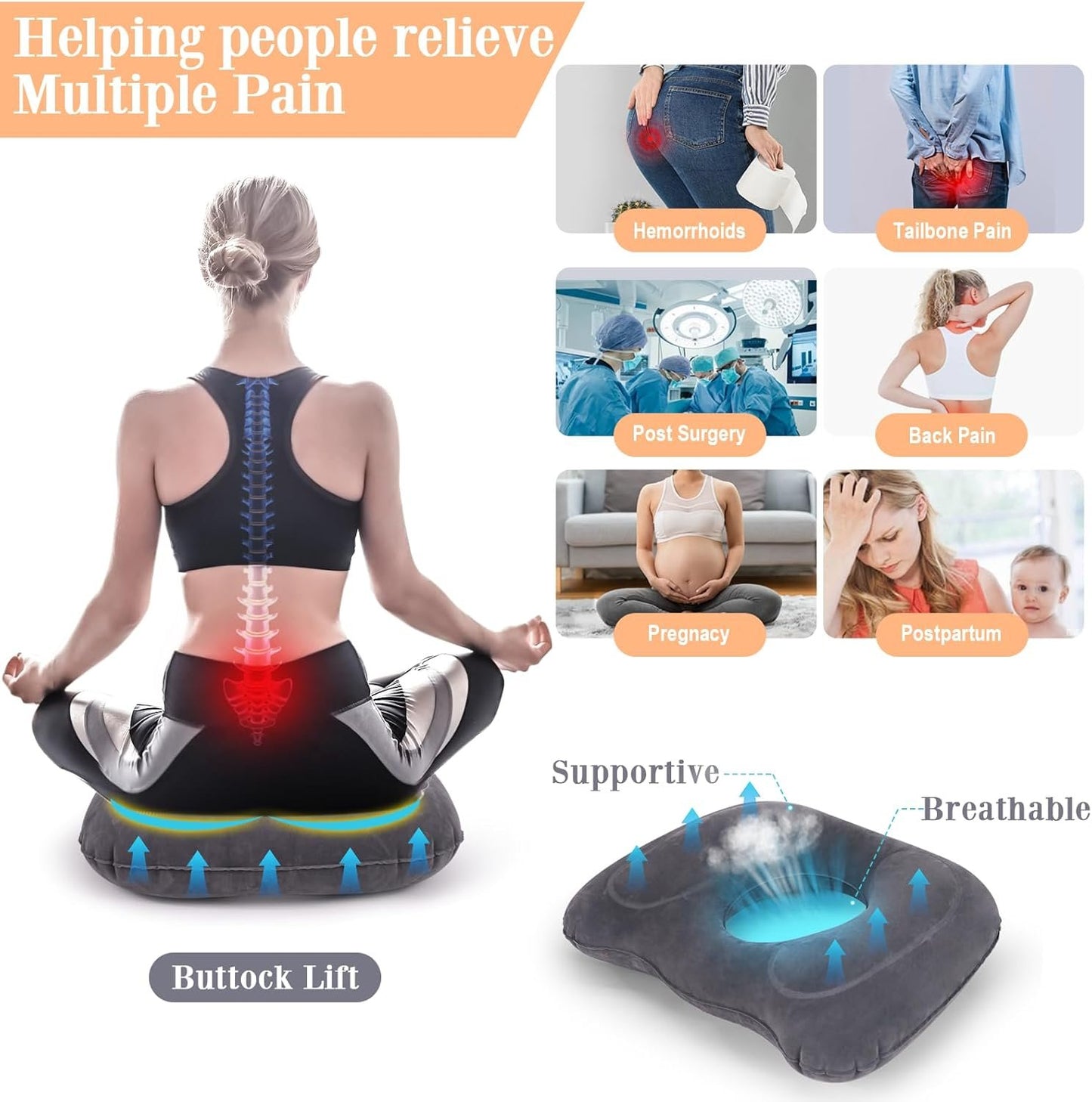 AirSwim Inflatable Hemorrhoid Pillows, Donut Pillow for Tailbone Pain, Adjustable Inflatable Seat Cushion for Bed Sores, Postpartum Pregnancy, Car Seat, Airplane, 17.7'' x 15.4'' x 4.3''(Grey)