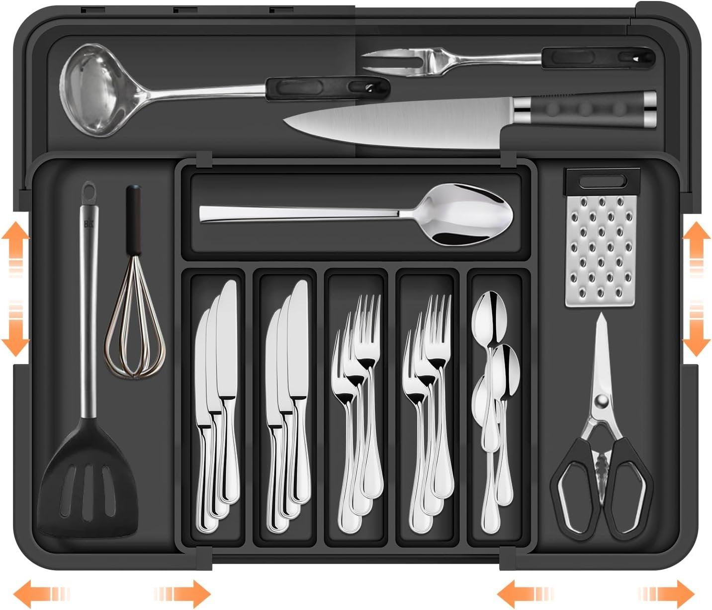 Xkimos Larger Cutlery Drawer Organiser with 9 Compartments, 3-sided Expandable Kitchen Drawer Organiser, Non-Slip Utensil, Large Drawer Organizer for Spoons, Forks and Knives (Black)