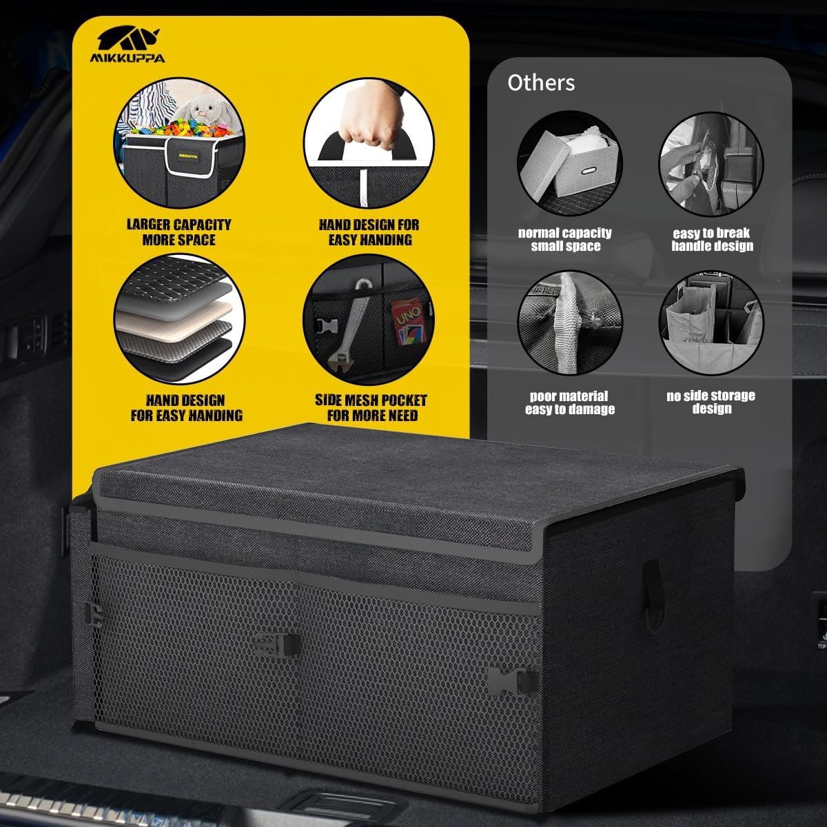 MIKKUPPA Car Trunk Organizer - 65L Collapsible Trunk Organizer with Lid, Sturdy Car Storage for SUV Auto Truck Van with Adjustable Straps and Non Slip Bottom (Black)