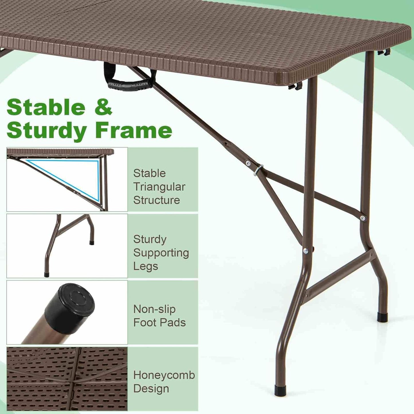 Costway 1.5m Folding Picnic Table, Outdoor Dining Table w/Rattan Grain HDPE Tabletop, Sturdy Metal Fame, Non-Slip Foot Pads, 4-6 Person Camping Table for Patio Garden Deck Yard