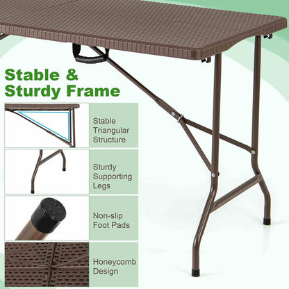 Costway 1.5m Folding Picnic Table, Outdoor Dining Table w/Rattan Grain HDPE Tabletop, Sturdy Metal Fame, Non-Slip Foot Pads, 4-6 Person Camping Table for Patio Garden Deck Yard