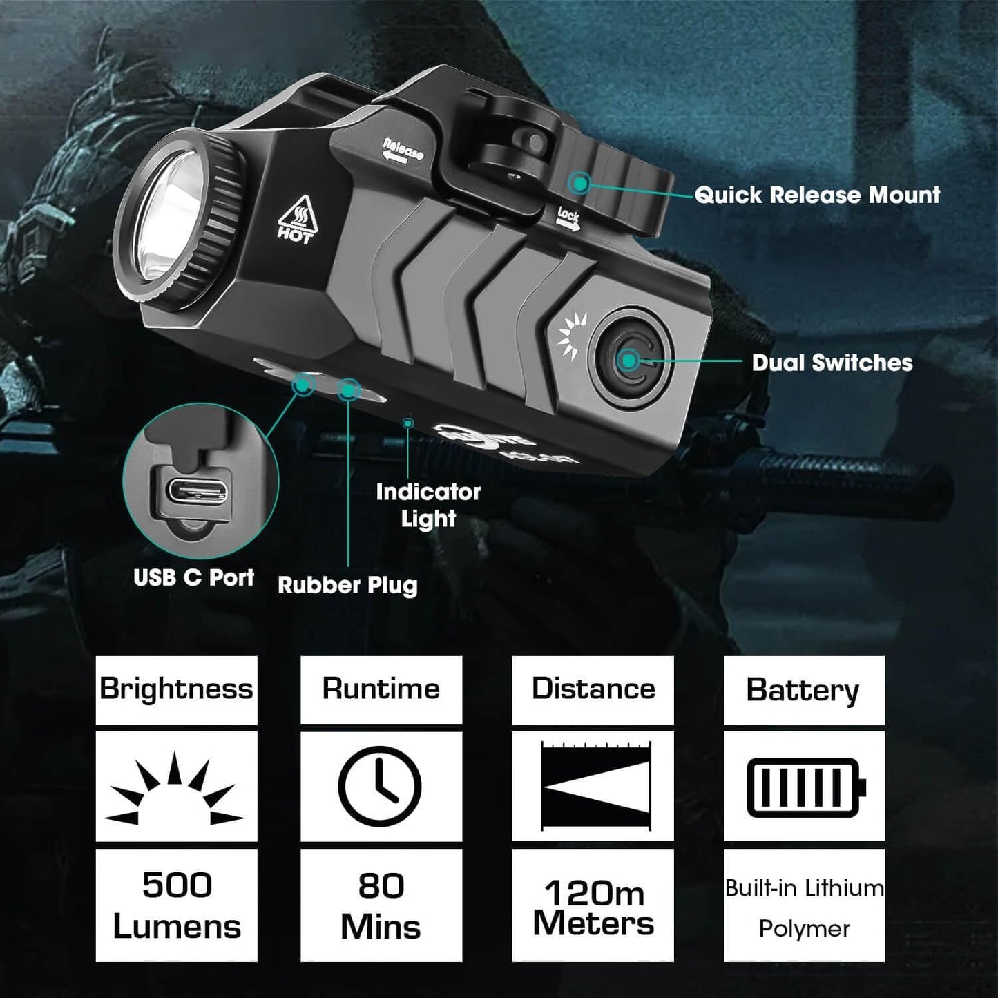 AULITE Tactical Flashlight Low Profile Quick Release,Compact Size,USB C Rechargeable for Pistol,Airsoft Light,Picatinny Mount