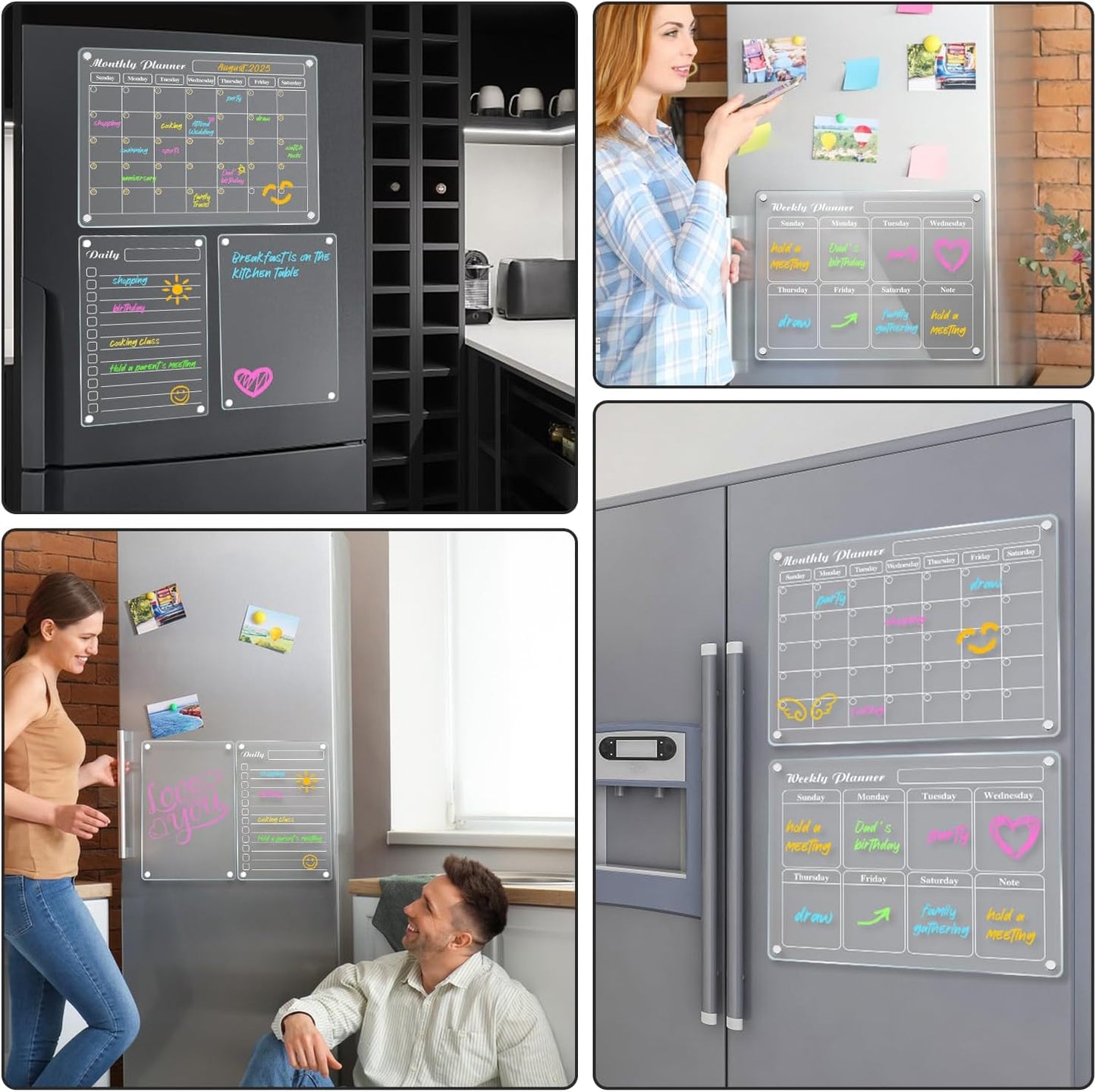 Planning Pads 4Pcs Fridge Calendars 2025 Acrylic Magnetic Calendar for Refrigerator Fridge White Board Calendar Chalk Dry Erase Magnets Chalkboard Monthly Weekly Planner with 6 Highlight Markers