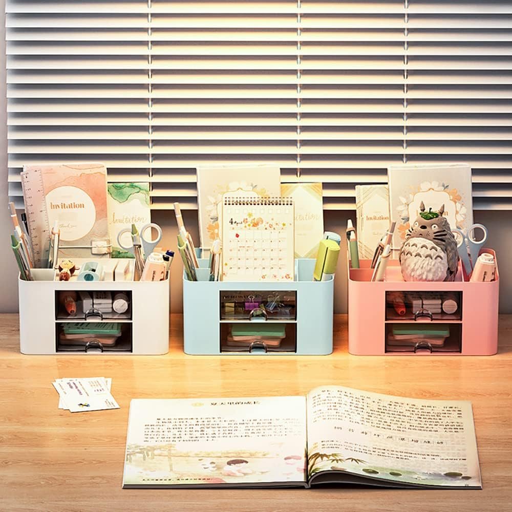 Creative Simple Desk Organiser, 7 Grids, Plastic Table Organiser with Drawer, Multifunctional Desk Organiser, Pen Holder for School, Office, Home (White)