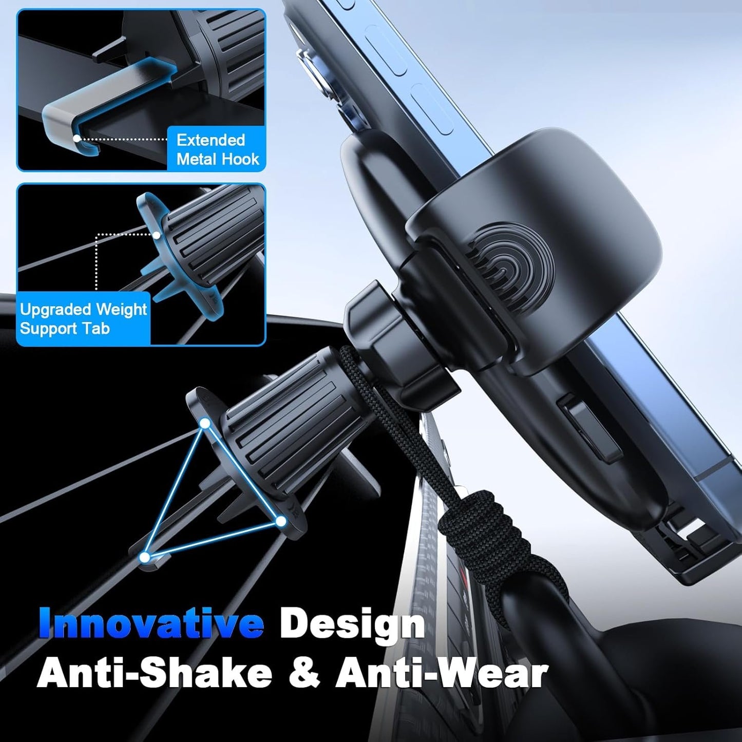 [2025 Upgraded] Car Phone Holder Vent Mount Extended Metal Hook[Ultra-Stable][Wider Clamp & Fit Thicker Case] Cellphone Car Mount for iPhone 16 Pro Max 15 Plus 14 13 12 Android Samsung S25 Ultra Pixel