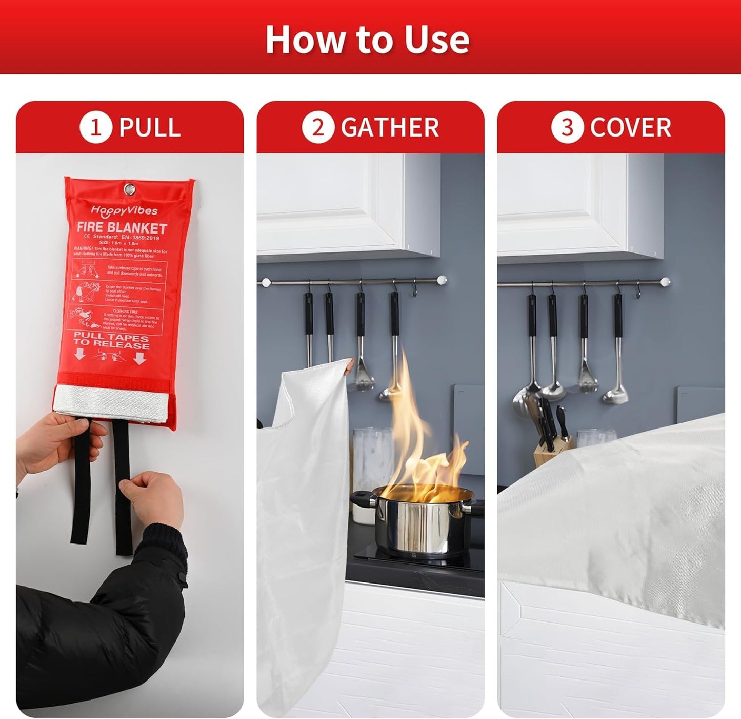 HappyVibes Emergency Fire Blanket for Home - 4 Pack Fiberglass Fire Extinguishing Blanket 40x40 Inches - Fire Blankets Emergency for Home, Kitchen, School, Office, Car, and Grill