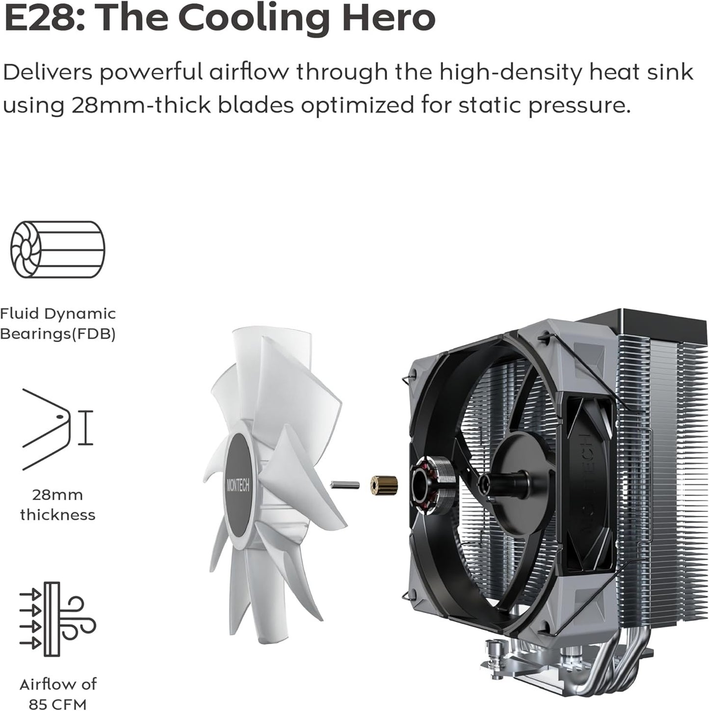 MONTECH NX400 ARGB - CPU Cooler, Single Tower, 4 Advanced Heat Pipes, 52-fin Heat Sink, E28, 120mm FDB Static Pressure Fan, 28mm Fan Thickness, Corner-Cover Footpads, Polished Top Cover, ARGB - Black