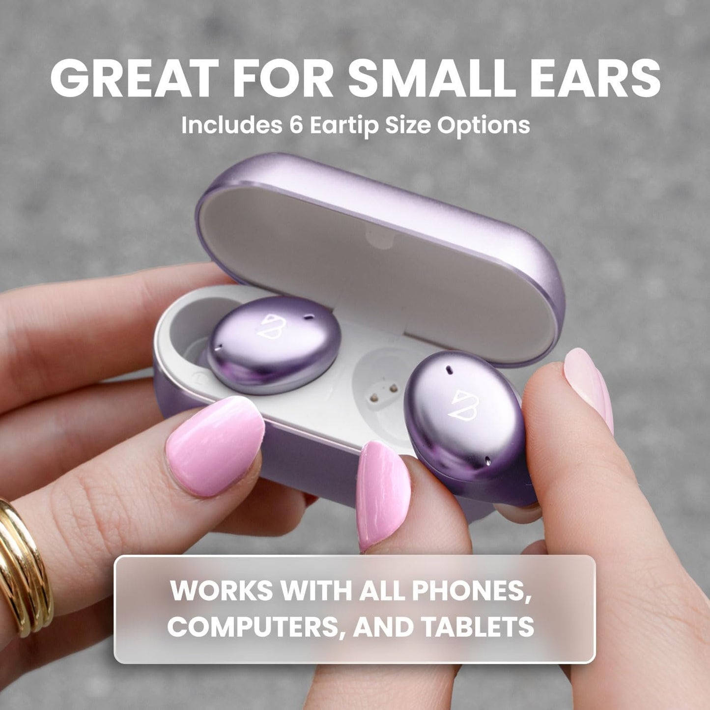 Tempo 30 Wireless Earbuds for Small Ears with Premium Sound, Comfortable Bluetooth Ear Buds for Women and Men, Purple Earphones for Small Ear Canals with Mic, IPX7 Sweatproof, Long Battery, Loud Bass