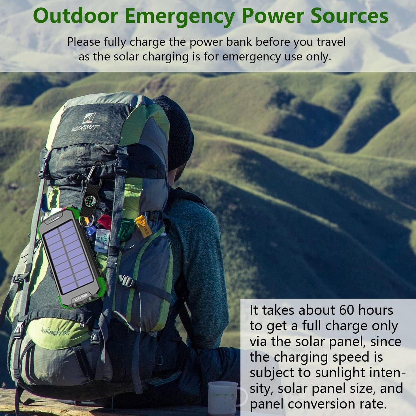 Solar Power Bank, Solar Charger 10000mAh QI Wireless Charger Portable External Battery Pack, Solar Panel Charging with Compass Dual Flashlight Outdoor Camping(Green)