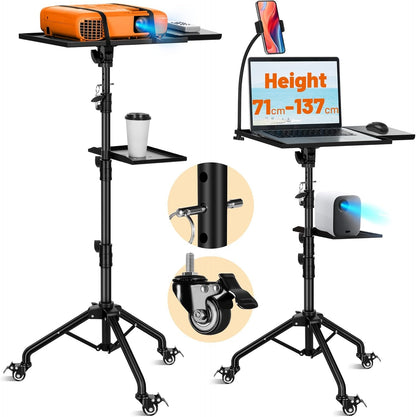 CAHAYA Mobile Floor Projector Stand: Multifunction with Metal Wheels, Adjustable Tray 71-137 cm, 180° Rotation, Load 14 kg, Perfect for Projectors, Laptops, Sheet Music