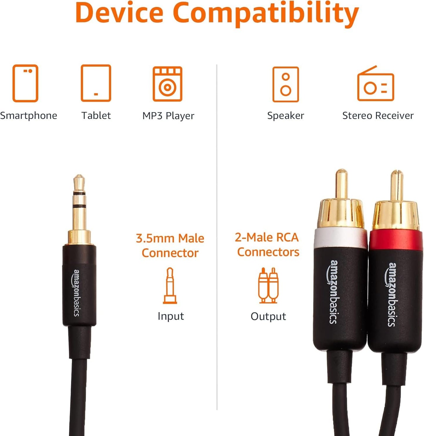 Amazon Basics 3.5mm Stereo Aux to 2 x RCA Audio Cable Adapters, 4 Feet/1.2 m, for Connecting Amplifiers, Speakers, with Gold-Plated Plugs, Black