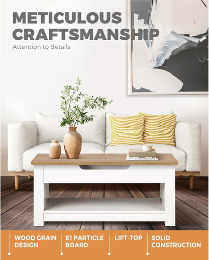 OIKITURE Lift Top Coffee Table with Hidden Compartment & Storage Shelf Space, Rising Tabletop Dining Table for Living Room Reception Room