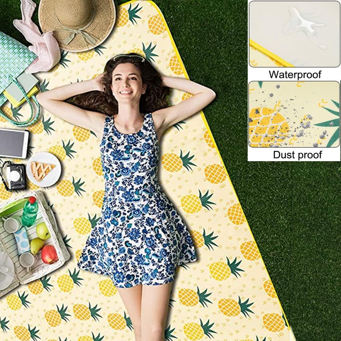K Y KANGYUN Beach Blanket Outdoor Picnic Blanket Mat 80"x60" Extra Large Waterproof Sand Proof Camping Blanket Lightweight Folding Portable Travel Blanket for Family Park Beach Grass (Pineapple)