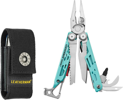 Leatherman Signal® Survival Multitool with Hammer, Whistle & 19 Tools - 4.5" Stainless Lockable Multitool with Nylon Sheath - Aqua & Silver - Ideal for Outdoor Adventures, Camping & EDC