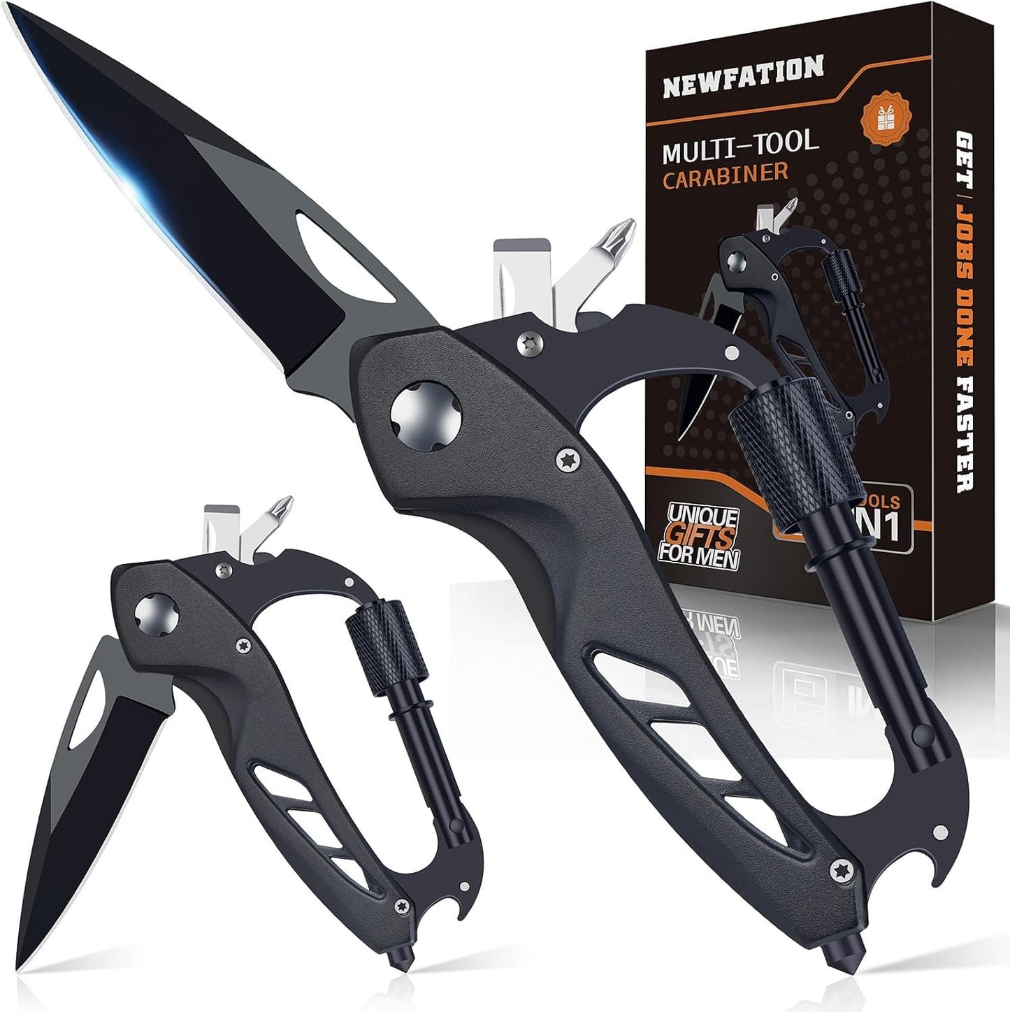 Multitool Carabiner with Pocket Knife, Gift for Men Him Dad Husband, 6-in-1 Multitool with EDC Carabiner,Bottle Opener,Window Breaker & Screwdriver,Cool Gadgets for Outdoor,Gardening (Black)