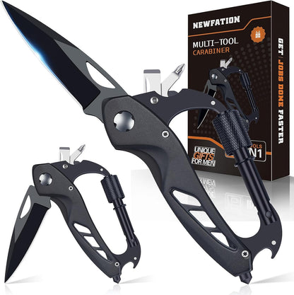 Multitool Carabiner with Pocket Knife, Gift for Men Him Dad Husband, 6-in-1 Multitool with EDC Carabiner,Bottle Opener,Window Breaker & Screwdriver,Cool Gadgets for Outdoor,Gardening (Black)