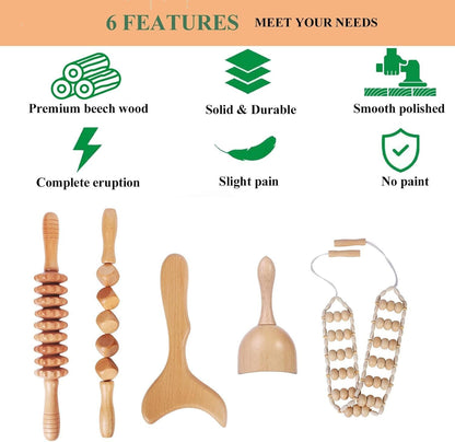 OYHMC Wood Therapy Massage Tools Professional Maderoterapia Kit Body Sculpting Tools for Lymphatic Drainage and Anti-Cellulite.Wood Massager Roller Rpoe for Back and Muscle Pain Relief (5pcs)