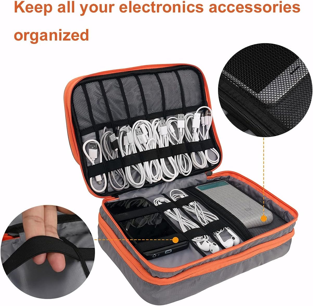 Travel Cable Organizer Bag, 3 Layer X-Large Capacity Electronics Accessories Cord Storage Case Bag for Cables, SD Card,Chargers, Power Bank, Cellphone,Tablet, Grey, X-Large
