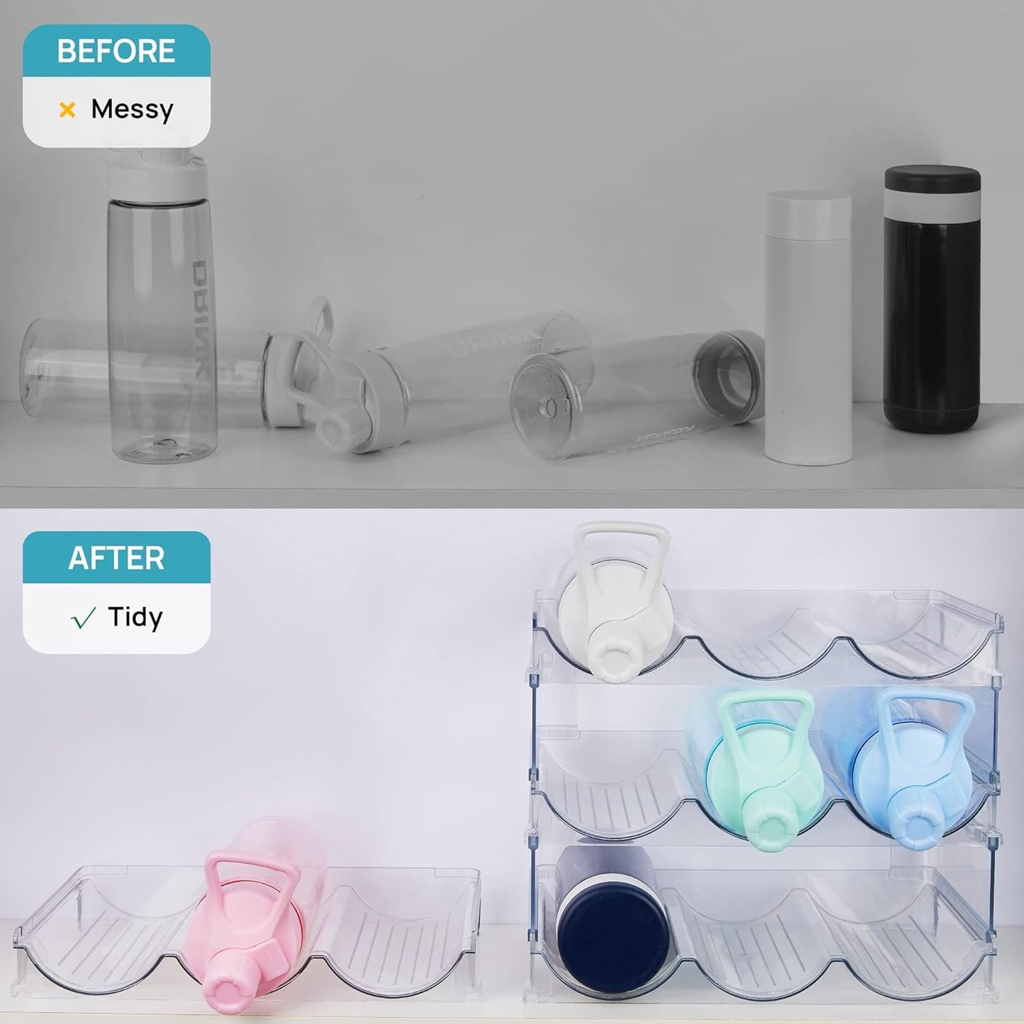 Vtopmart Clear Water Bottle Organizer, 2 Pack Water Bottle Holder Storage Rack Plastic, Cup Organizer for Kitchen Cabinet, Kitchen Storage Accessories, Fridge