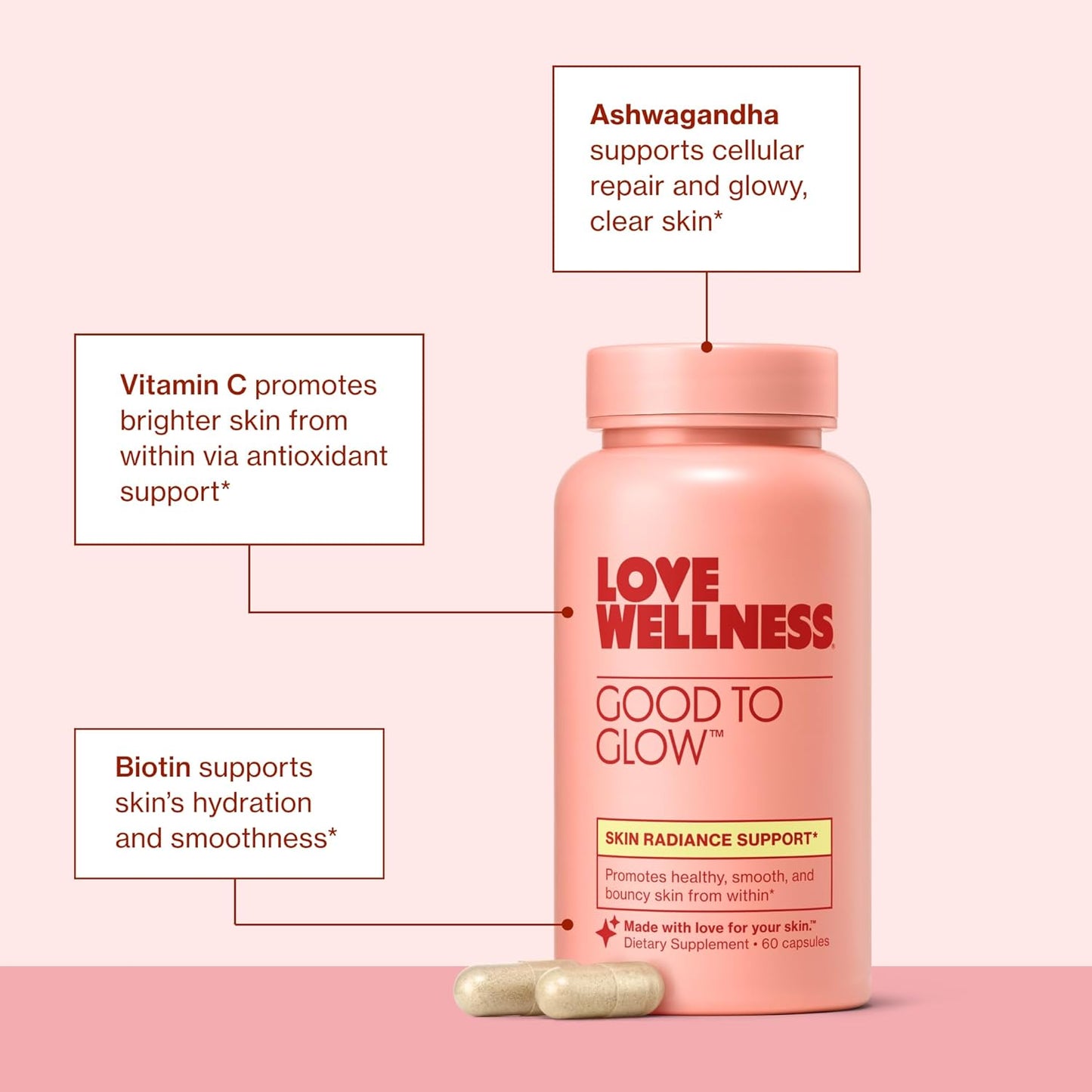 Love Wellness Good to Glow | Collagen Supplement with Biotin, Vitamin C, E, Ashwagandha & Zinc | Promotes Smooth, Glowing & Clear Skin | Enhances Smoothness & Promotes Healthy Skin | 60 Count