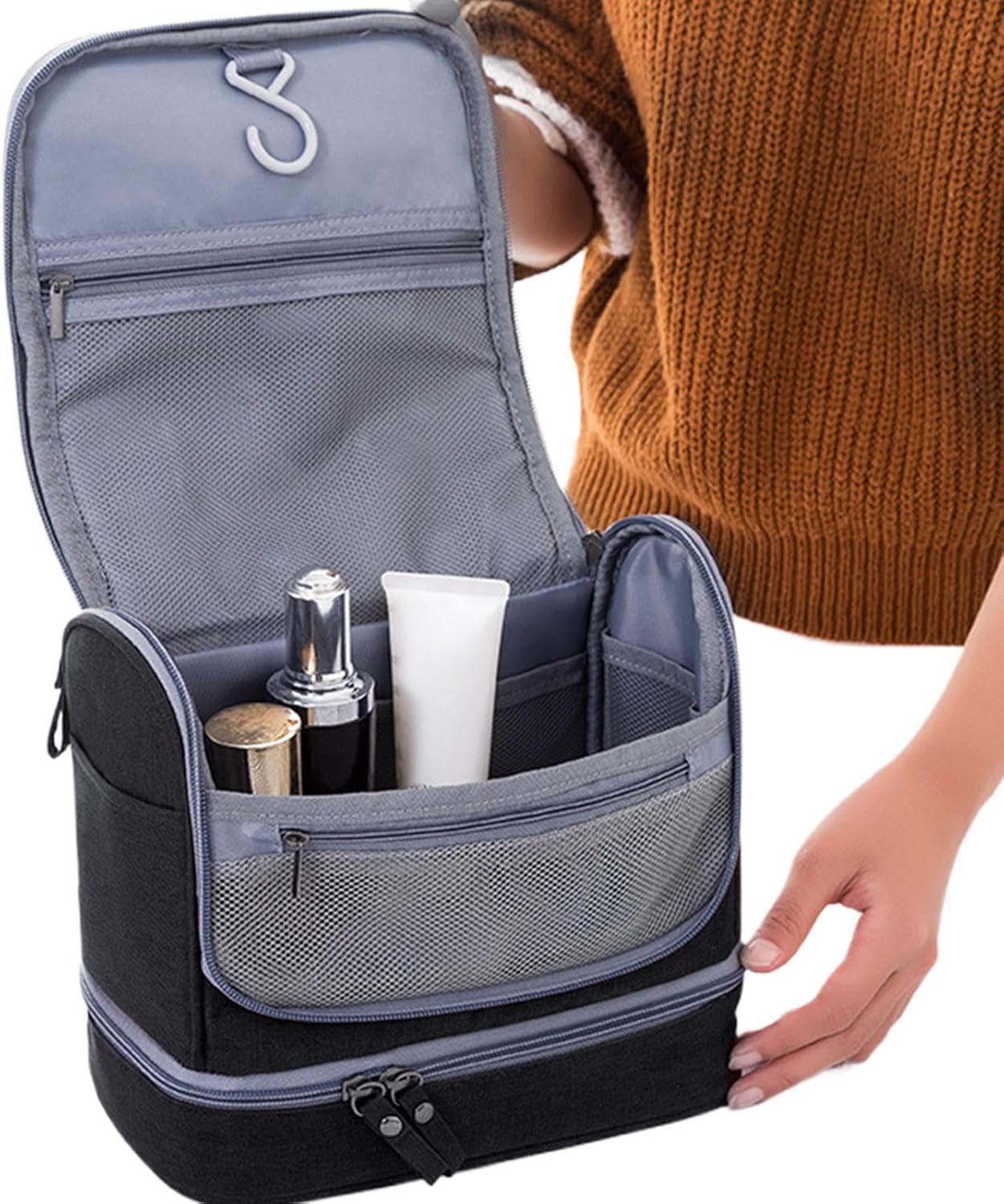Travel Toiletry Bag, Zipper Travel Pouch, Wet Dry Separation Bag, Travel Storage Pouch, Home Travel Pouch, Portable Toiletry Storage, Toiletry Bag with Hook, Travel Organizer for Toiletries, Black,