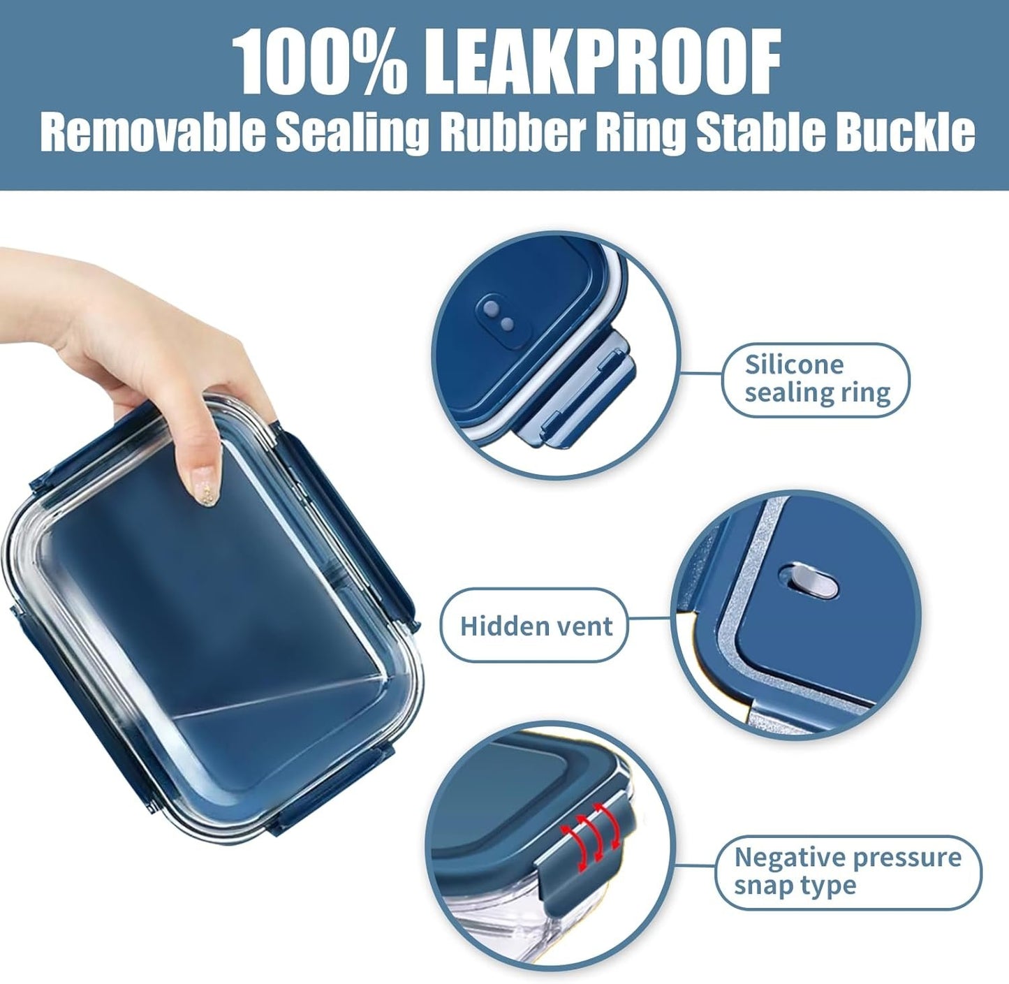 Glass Food Storage Containers 5 Pack,Three Sizes Glass Meal Prep Containers with Snap Lock Leakproof Lids,Lunch Box for Microwave,Freezer,Oven and Dishwasher (Sea blue)