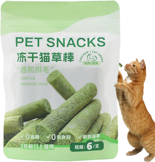 Cat Grass Treats, Hairball Removal Treats, Natural Freeze Dried Chicken Cat Grass Sticks for Teething Oral Care and Teeth Cleaning Appetite Boosting Indoor Kittens and Adults
