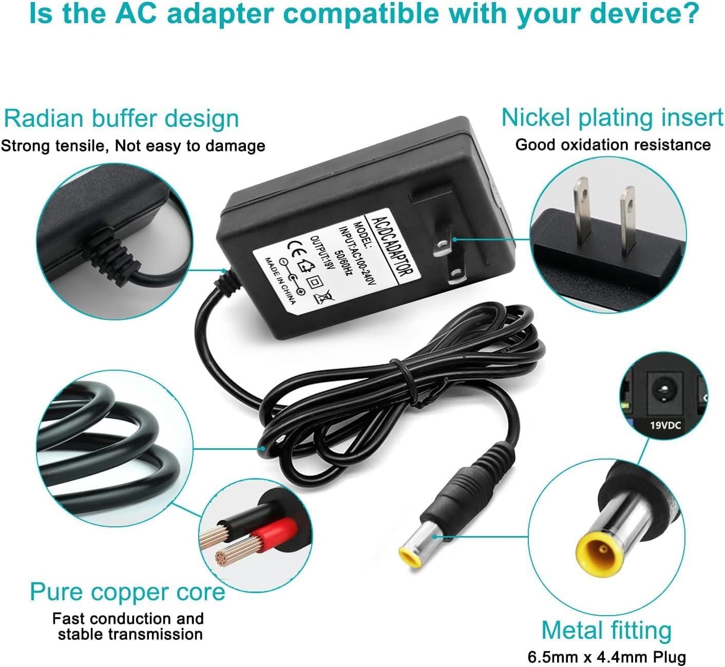 LG Power Adapter 19V 2.1A DC Supply for Electronics Monitor 32" 27" 24" 23" 22" 20" 19" LCD LED HD TV - Replacement Charger Cord