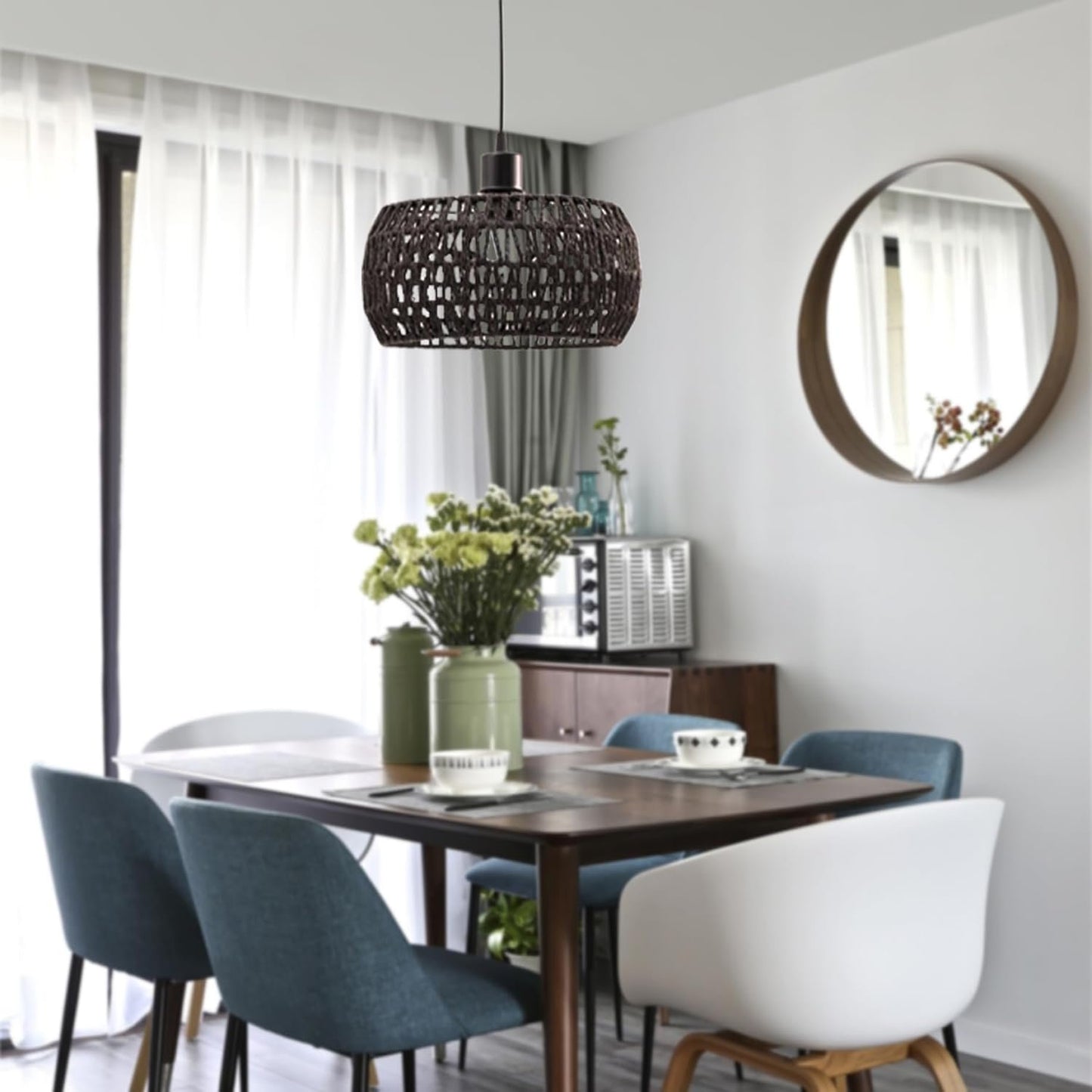 Rattan Pendant Light Shade, 12x6 Woven Pendant Light Shade, Elegant Rustic Round Hanging Lamp Shade for Dining Room Bedroom Kitchen Teahouse, Black,Hanging Lamp Shade