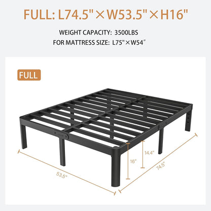 KZZLOL Full Size Bed Frame 16 Inch, Metal Platform Bed Frame Full No Box Spring Needed, DIY Headboard, Heavy Duty Steel Support 3500 LBS, Noiseless, Round Leg, Storage Space, Easy Assembly, Black