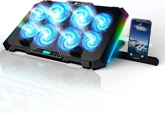KLIM V8 Gaming Laptop Cooling Pad with 8 Fans + New Version + Gaming Laptop Cooler + Stable RGB Laptop Stand with Fan + Compatible up to 17" + 2 USB Ports + Phone Holder + 5 Year Warranty