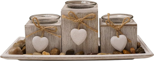 khevga Wooden Candle Tray Grey Black White with Hearts (Light Grey Small)