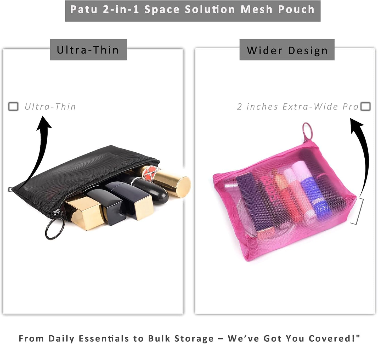 Patu Zipper Mesh Bags, Beauty Makeup Cosmetic Accessories Organizer, Travel Toiletry Kit Set Storage Pouch, Multicolor, S, Widened (5 pcs)
