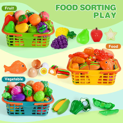 Play Food Set for Kids Kitchen- 100 Pcs Pretend Kitchen Food Toy for Toddlers, Cutting Fake Food/ Fruit/ Vegetable Accessories with Three Baskets, Birthday Gift 3 4 5 Years Old Boy Girl