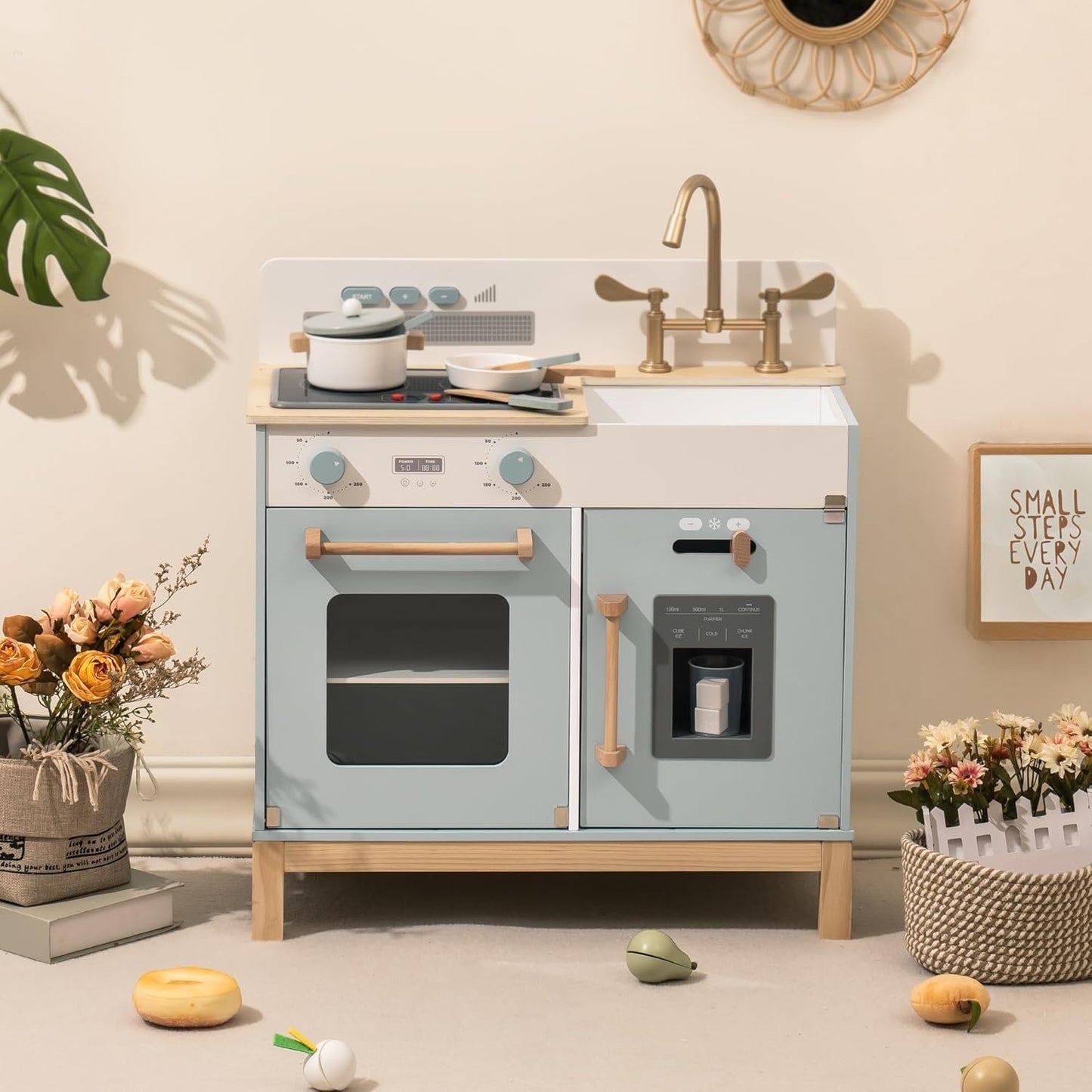 ROBOTIME Play Kitchen for Toddlers, Wooden Kids Play Kitchen Playset with Real Lights & Sounds/Ice Cube Dispenser, Pretend Play Montessori Toy Kitchen, Gift for Ages 3+ (Blue)