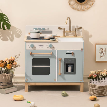 ROBOTIME Play Kitchen for Toddlers, Wooden Kids Play Kitchen Playset with Real Lights & Sounds/Ice Cube Dispenser, Pretend Play Montessori Toy Kitchen, Gift for Ages 3+ (Blue)