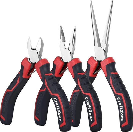 3-Piece Mini Pliers Set - Long Nose Needle-Nose & Diagonal Plier Jewelry Pliers for Crafting Carbon Steel Rust-Resistant Ergonomic Grip 4.5" & 5.5" for Home DIY Car Outdoor Emergency Kit