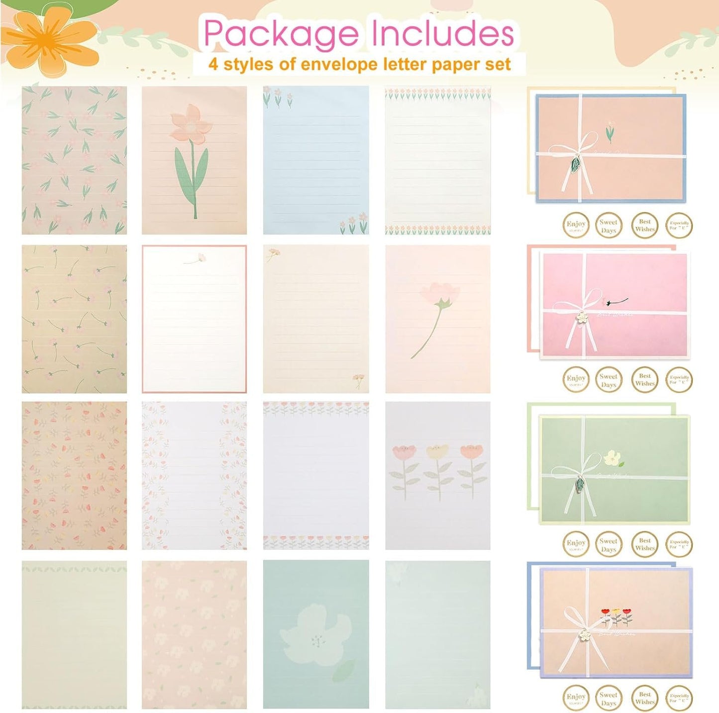 KSIWRE 48 PCS Stationery Paper and Envelopes Set,Cute Floral Stationary Set for Writing Letters,Double Sided Printing,Letter Writing Kit