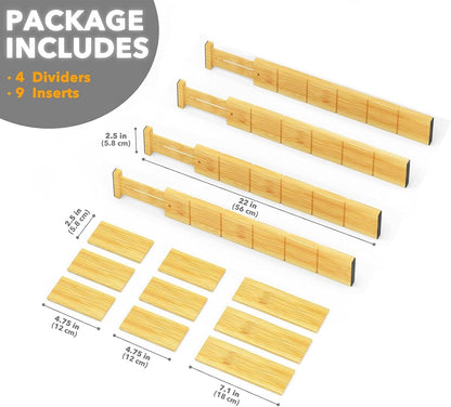 DoublleHui Bamboo Drawer Dividers with Inserts and Labels, Expandable Organization for Home, Office, Dressers, 4 Dividers with 9 Inserts (43-56cm), Natural Brown