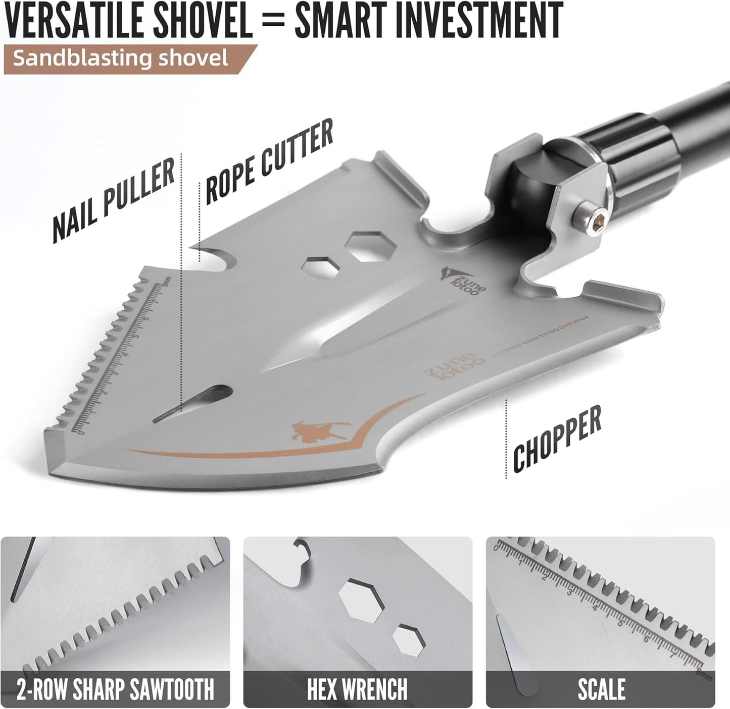 Zune Lotoo Survival Shovel Multitool, 18 in 1 Military Folding Camping Shovel, Foldable Shovel Tactical Spade for Hiking Backpack Car Entrenching Emergency Gear Camping Tools Survival Kits
