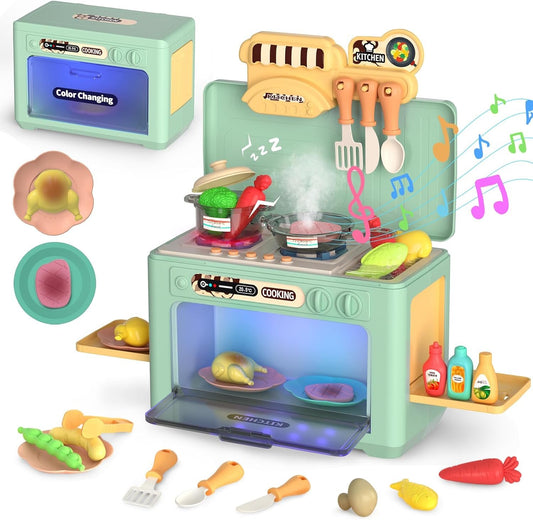 CUTE STONE 2-IN-1 Kids Kitchen Playset with Oven, Stove, Realistic Spray/Light/Music, Color Changing Play Food, Pretend Play Cooking Accessories Utensils Toy for Girls, Boys, Toddlers