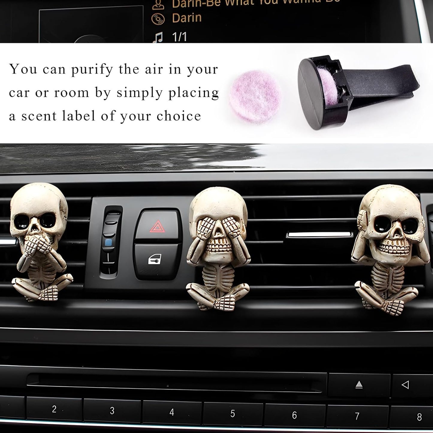 JUSTTOP 3 PCS Skull Car Air Freshener, Cool Skeleton Auto Air Freshener with Vent Clips, Air Fresheners Vent Clips Diffusers for Car Office Home Decor, Interior Car Accessories