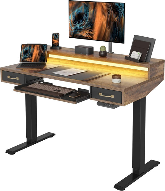 FEZIBO 48 x 24 Inches Standing Desk with 2 Drawers&Keyboard Tray, Sit Stand Up Desks with Monitor Stand&LED Strip, Black Frame/Rustic Brown Top