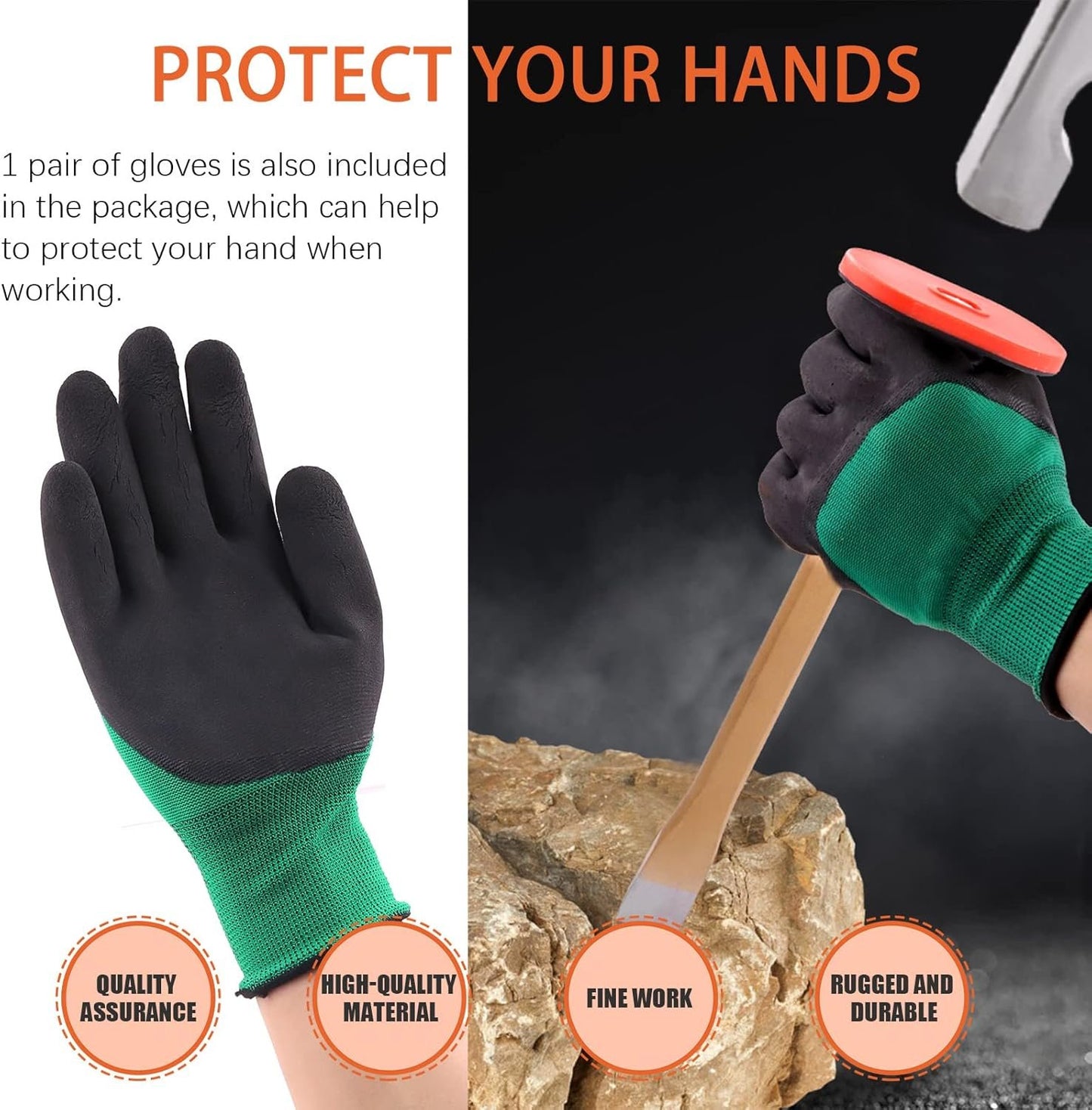 Tanstic 6Pcs Geology Rock Hammer and Chisel Kit, 30oz Hammer & 12" Digging Chisel, Whistle, Safety Glasses, Jewelers Loupe and Gloves, Rock Hounding Equipment Set for Rock Hounding Stone Breaking