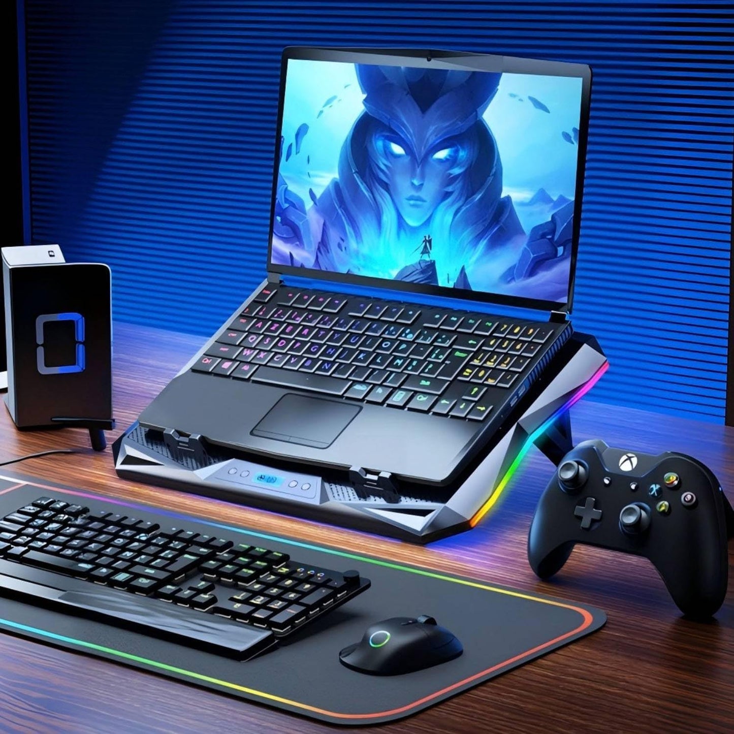 ZYHKJYL 10 Fans RGB Gaming Laptop Cooler Cooling Pad 15-17.3 Inch, Cooling Stand with 6 Height Adjustable, Laptop Cooler with RGB 2 USB Ports, black