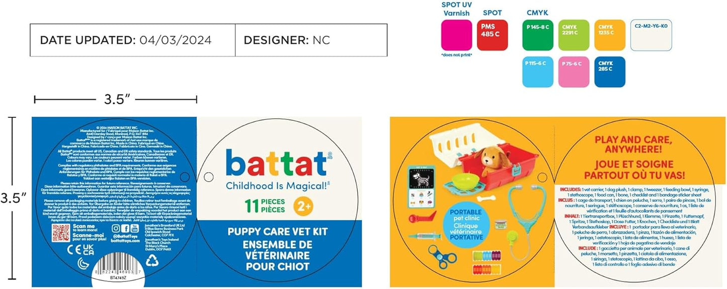 Battat – Mini Vet Playset (11pc) – Plush Dog & Carrier – Stickers & Checklist – Toy Stethoscope & Bone – 2 Years + – Puppy Care Vet Kit