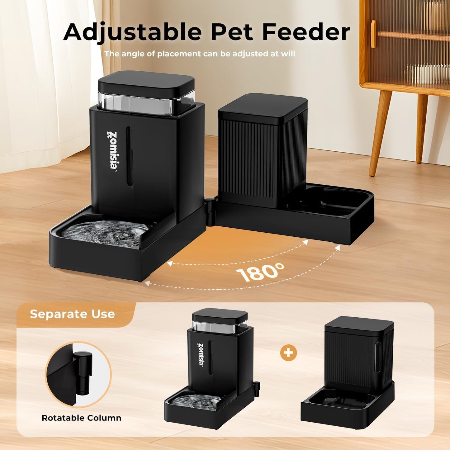 ZOMISIA Gravity Cat Feeder and Water Dispenser, 2 in 1 Automatic Cat Feeder with 180 Degree Rotatable, 2 Pack Large Capacity Self Feeding for Small Medium Dog Puppy Kitten, White, 0.8 Gallon x 2