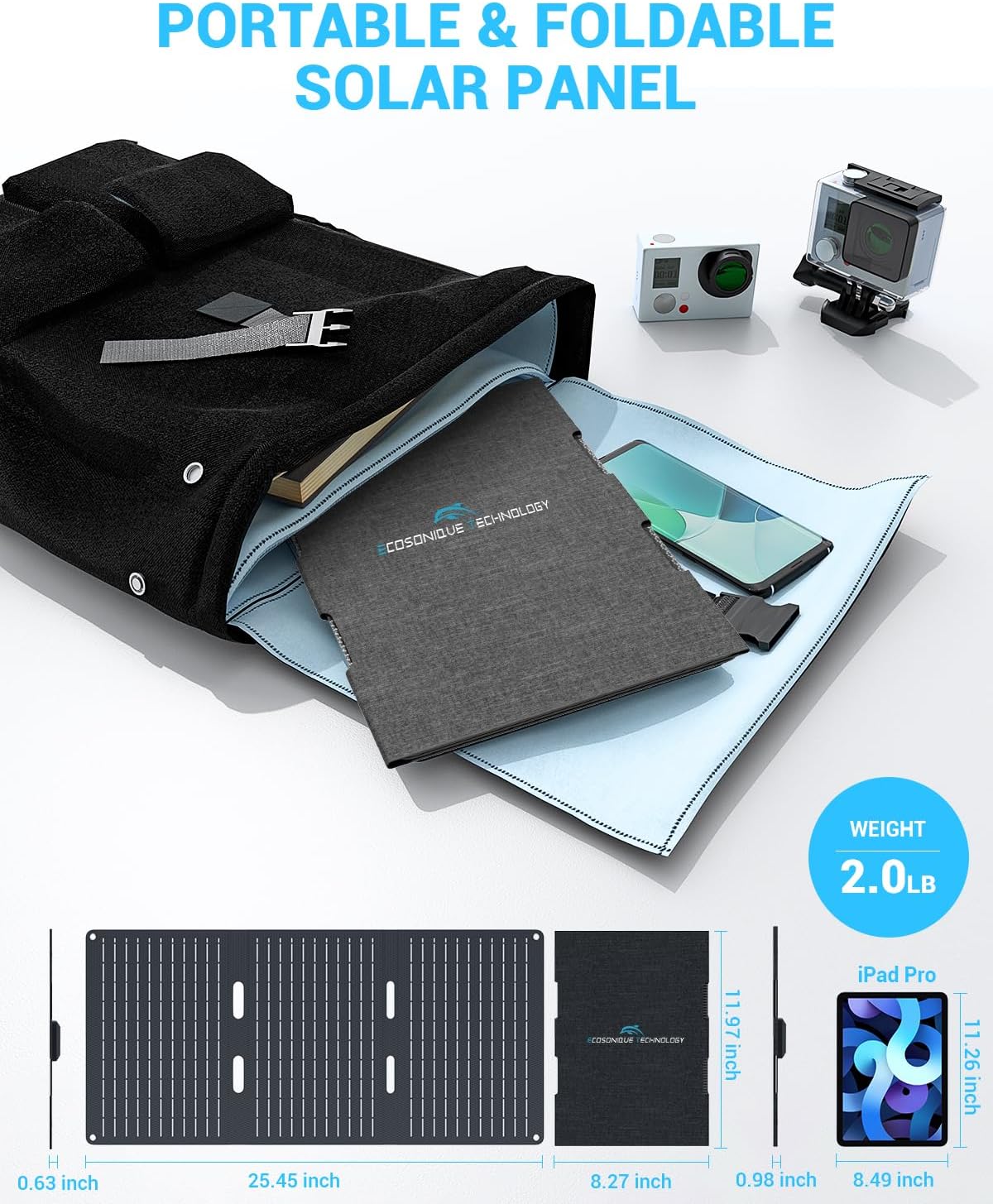 Ecosonique 30W Portable Solar Charger Foldable Solar Panels with USB C USB A Fast Charging Waterproof for Camping Backpacking Compatible with Cell Phone, iPhone, iPad, Samsung Galaxy, LG, Power Banks