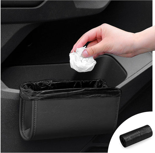 Multipurpose Car Trash Can, Leather Hanging Car Door Organizer Seat Back Storage Box with a Roll of Garbage Bags, Small Vehicle Must Have Essentials Interior Accessories for Women Men(Black)