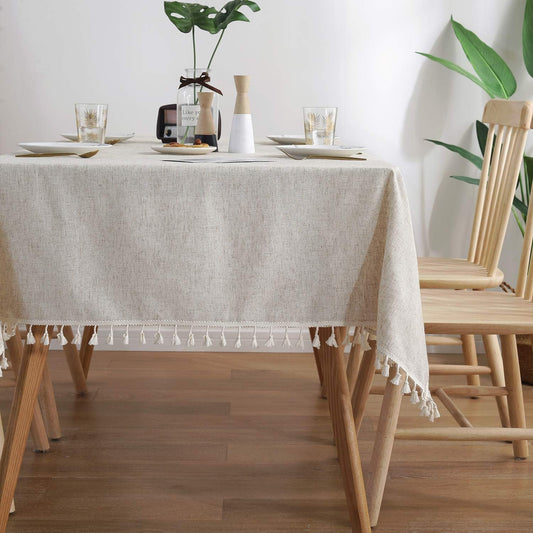 ColorBird Solid Color Tassel Tablecloth Cotton Linen Dust-Proof Shrink-Proof Table Cover for Kitchen Dining Farmhouse Tabletop Decoration (Rectangle/Oblong, 55 x 70 Inch, Neutral)